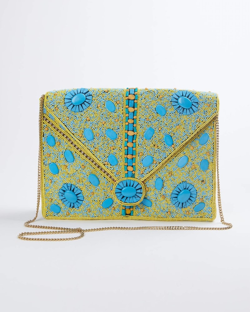 Front of a size O/S Vasant Handmade Beaded Shoulder Clutch Bag in Turquoise in Turquoise by ETHNiQUE. | dia_product_style_image_id:345685